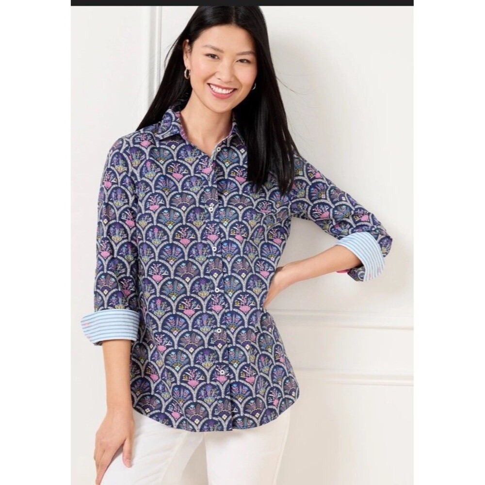 Talbots Modern Classic M Shirt Floral Scalloped Print  Contrasting Cuff NWT
